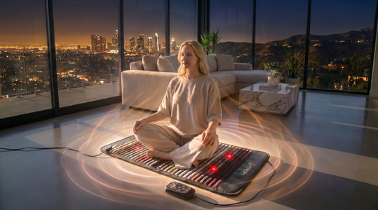 Featured image for "Biohacking Your Peace," showing a woman meditating on a Fresh Healthcare PEMF mat with visible energy waves, illustrating the deep relaxation and mental clarity benefits of pulsed electromagnetic field therapy.