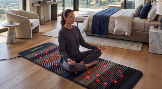 Woman meditating on a Fresh Healthcare PEMF and Red Light Therapy mat in a sunlit modern bedroom to support daily comfort and mobility