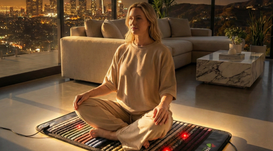 Woman meditating on a Fresh Healthcare PEMF and Red Light Therapy mat to support strong bones and skeletal health in a modern city apartment