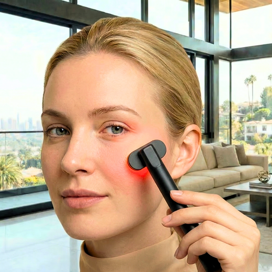 Woman using a red light face wand during a facial skincare routine