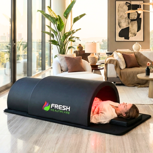 Fresh Healthcare Infrared PEMF Sauna Dome set up in a modern living room for relaxation