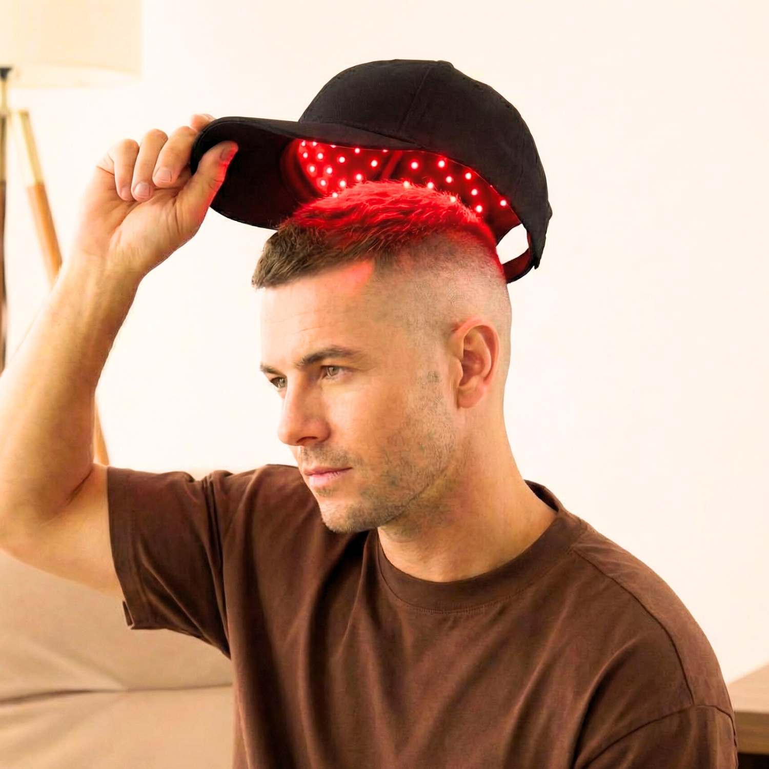 Man using Fresh Healthcare red light cap with visible LED interior