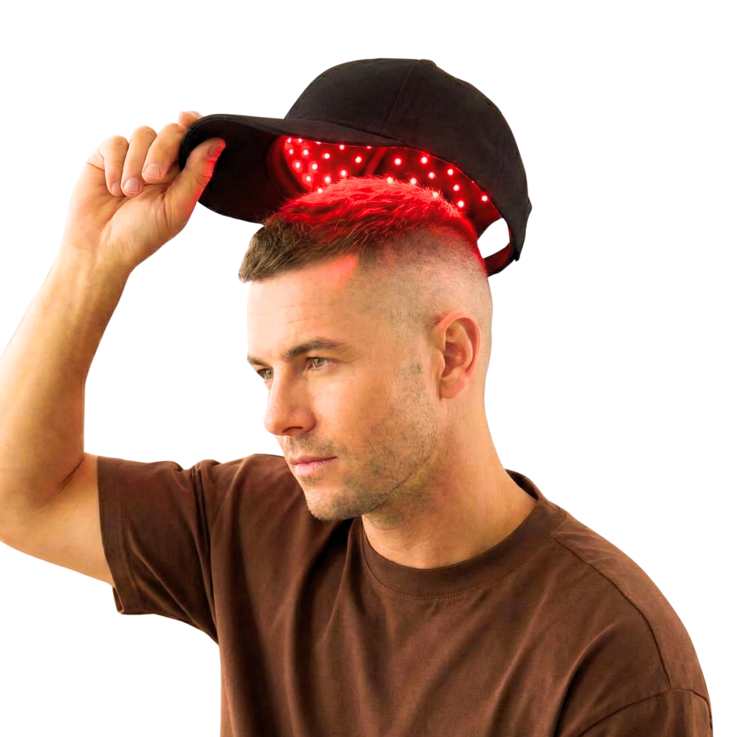 Fresh Healthcare red light cap worn by man on white background