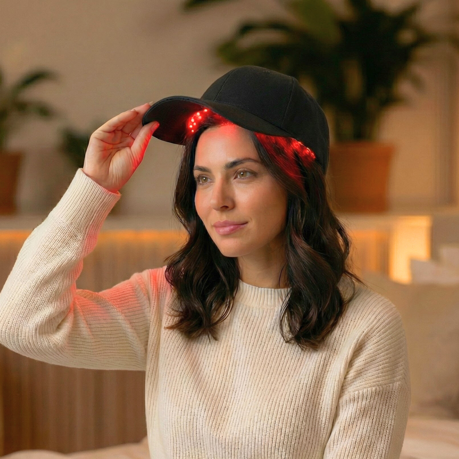 Woman wearing Fresh Healthcare red light cap during home routine