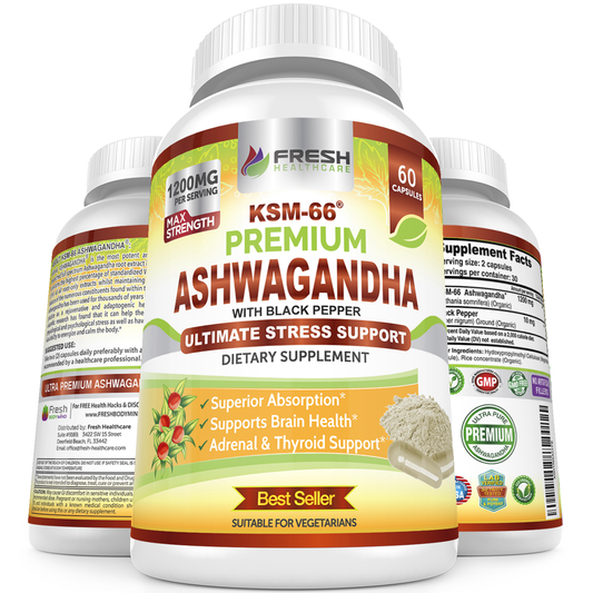 Ashwagandha KSM-66 1200mg  - Pure & Potent Root Extract w/Black Pepper - 60 Vegan Caps Fresh Healthcare