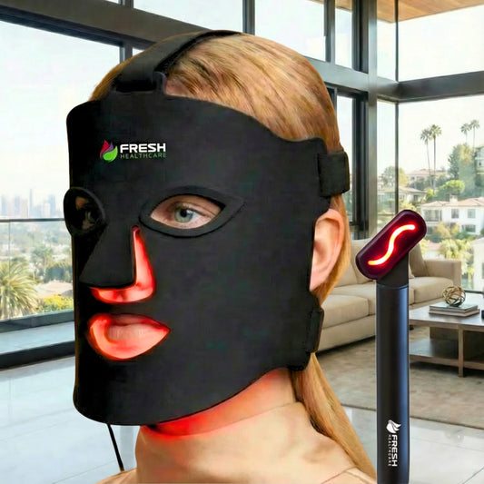 Fresh Healthcare LED Red Light Therapy Face Mask with Cooling Gel Insert and Red Light Wand