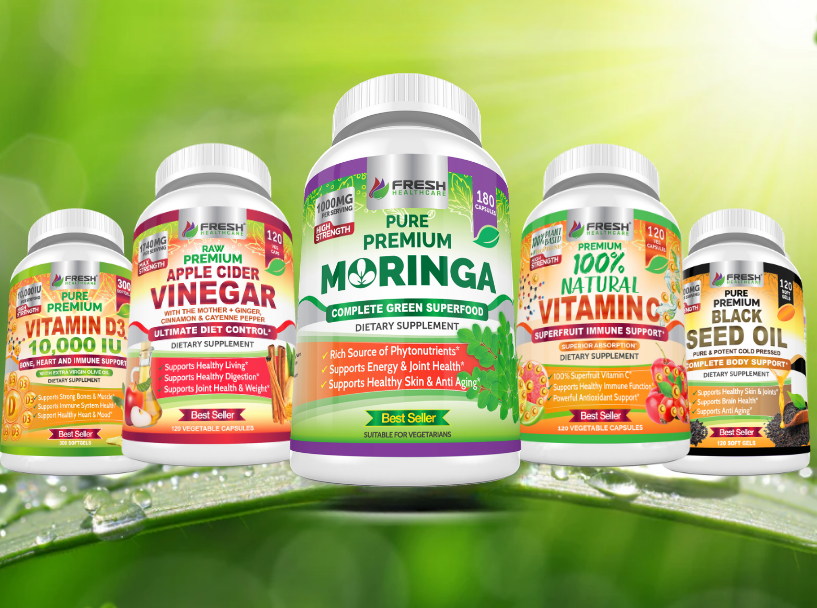 Supplement bottles in Fresh Healthcare branded packaging