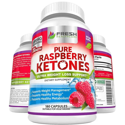 Pure 100% Raspberry Ketones MAX 1000mg Per Serving - 180 Vegan Capsules - Fresh Healthcare