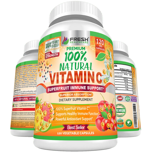 100% Natural Vitamin C - Rose Hips, Acerola Cherry and Camu Camu - 120 Vegan Capsules - Fresh Healthcare