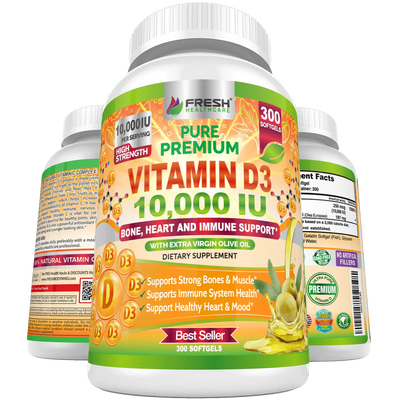 Vitamin D 10,000 IU with Extra Virgin Olive - Support Immune, Bone & Heart Health - 300 Softgels - Fresh Healthcare